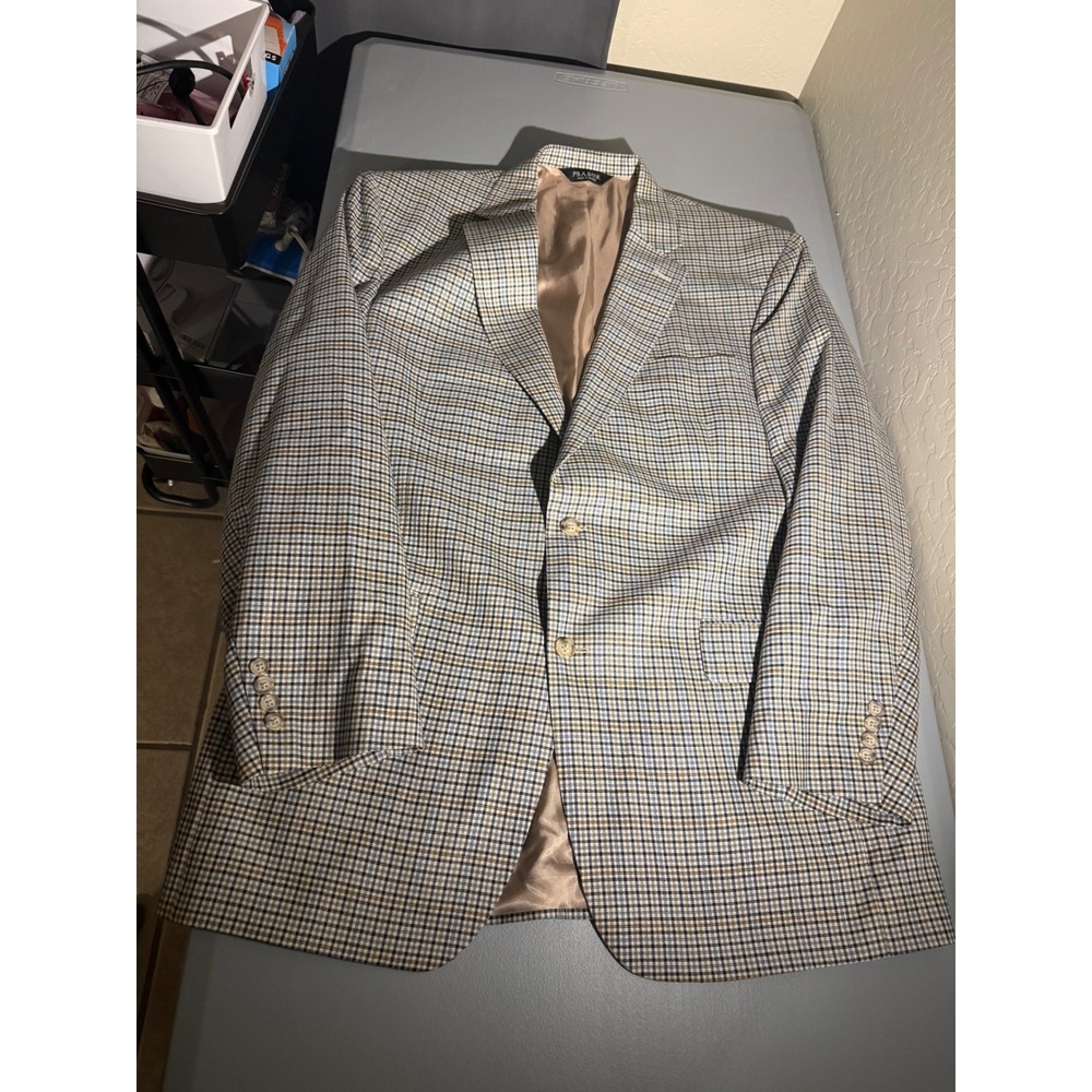 Jos. A. Bank Mens 44L Silk Wool Blend Check Sport Coat Blazer Tan Blue H0573